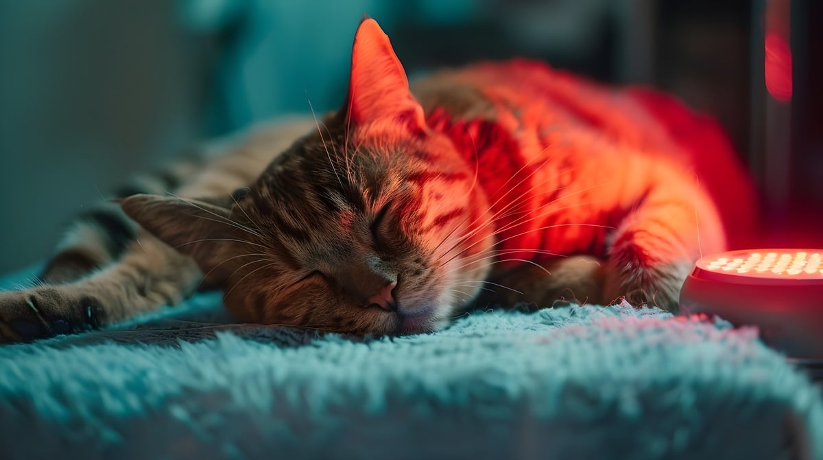 A tabby cat sleeps on a fuzzy blue blanket, illuminated by a red light source on the right side.